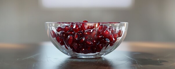 Wall Mural - Fresh pomegranate seeds in glass bowl, 4K hyperrealistic photo