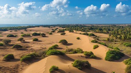 Wall Mural - Top view of the undulating sand dunes and arid landscapes of Mannar Island, with scattered vegetation