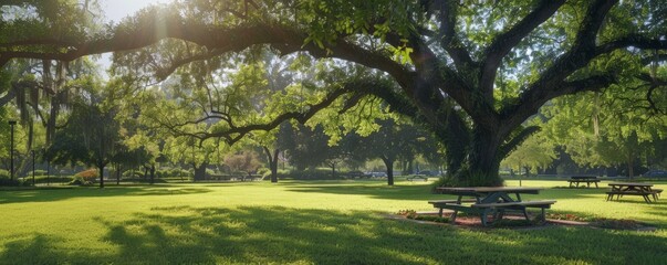 Lush park with a large oak tree and picnic tables, 4K hyperrealistic photo