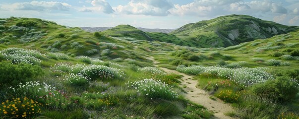 Verdant hills with a winding path and wildflowers, 4K hyperrealistic photo,