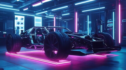 Wall Mural - A sleek black car is on a platform in a garage with pink and blue neon lights.