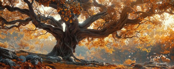 Wall Mural - Majestic oak tree in autumn foliage, 4K hyperrealistic photo