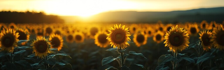 Wall Mural - Golden sunflowers swaying gently in the evening breeze, bathed in warm hues of orange and pink as the sun sets beyond the horizon, creating a serene and picturesque scene.