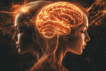 Brain integration Couple goals Dual profile faces with illuminated brains highlighting the balance between intellect and emotion and the deep intricate connection within human relationships