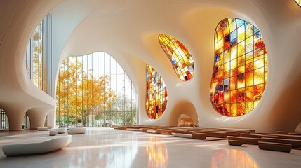 Wall Mural - Modern cathedral with contemporary design elements, open interior spaces, and large, artistic windows.