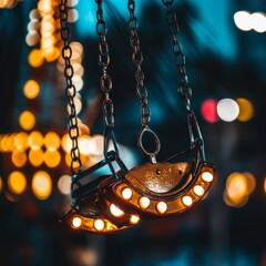 Sticker - Chain swing ride glowing at night with defocused carnival lights in background, AI Generative