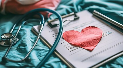 Wall Mural - Close up of a stethoscope creating a heart with pensil and note hardboard a clipboard on a medical uniform