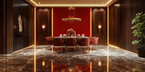 luxury red dining room with elegant wooden wall and glowing marble floor 