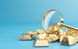 © ธนากร บัวพรหม - Close-up of golden nuggets with magnifying glass on blue background, representing gold exploration and financial investments.