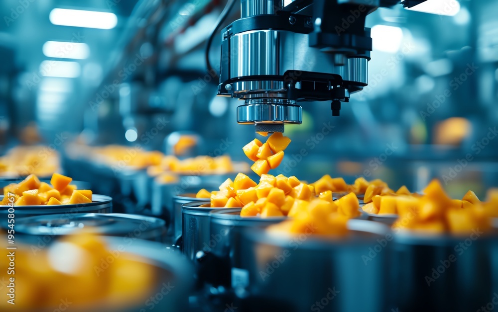 Automated food processing factory with a conveyor belt system packaging ...