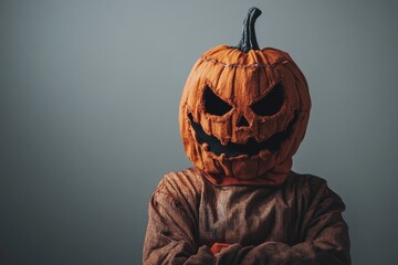 Person in a spooky Halloween costume standing in a studio with a simple grey background