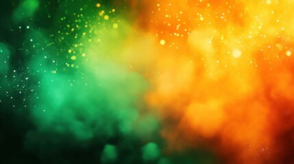 Vibrant abstract background with green and orange misty textures and glowing particles, perfect for creative designs and digital art projects.