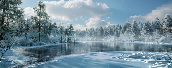 Wall Mural - Snowy landscape with a frozen lake and pine trees, 4K hyperrealistic photo,