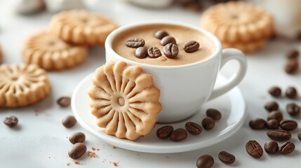 cup of coffee, espresso coffee inside the cup, coffee beans and flowers, cookies 