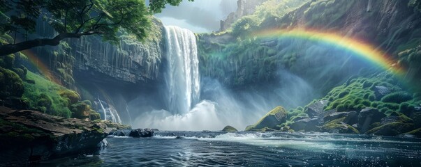 Wall Mural - Rainbow over misty waterfall, 4K hyperrealistic photo