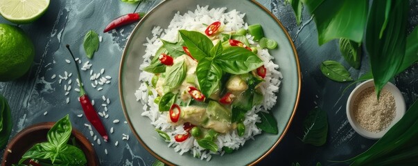 Wall Mural - Thai green curry with jasmine rice, 4K hyperrealistic photo