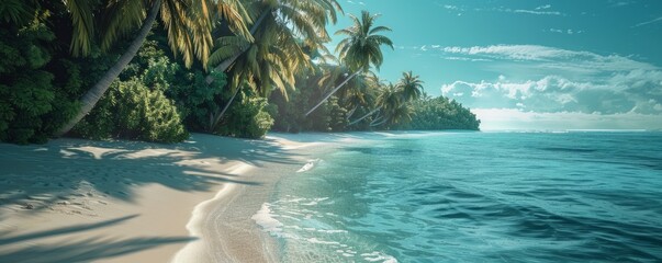 Wall Mural - Tropical beach with turquoise waters and palm trees, 4K hyperrealistic photo,