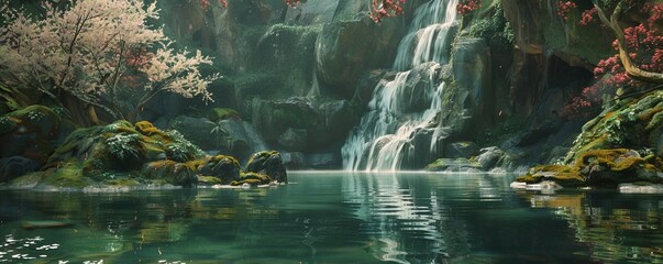 Wall Mural - Tranquil waterfall with reflections in a still pond below, 4K hyperrealistic photo