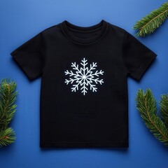 Baby T-shirt with a snowflake design on a dark background with glowing lights, Christmas T-Shirt, Elegant holiday effect