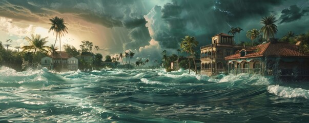 Wall Mural - Hurricane approaching coastal resort town, 4K hyperrealistic photo