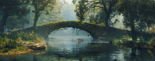 Wall Mural - Serene river with a stone bridge, 4K hyperrealistic photo