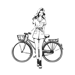 Wall Mural - Woman with Bicycle Black Sketch Line Drawing on White Background. Bike Abstract Minimal Drawing. Linear Woman Sport Illustration. Modern Trendy Contour Drawing. Vector EPS 10.