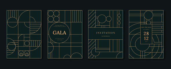 Sticker - Luxury invitation card background vector. Elegant classic antique design, gold lines gradient on dark green background. Premium design illustration for gala card, grand opening, art deco, wedding.