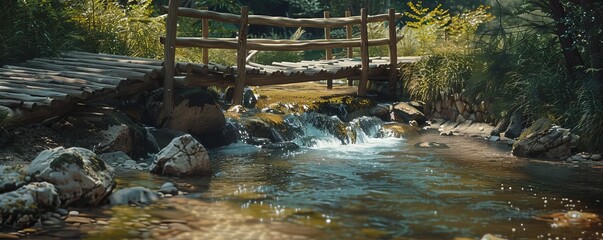 Wall Mural - Rustic wooden bridge over a tranquil stream, 4K hyperrealistic photo