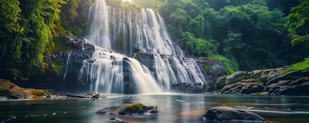 Wall Mural - Wondrous awe watching a majestic waterfall cascade, 4K hyperrealistic photo