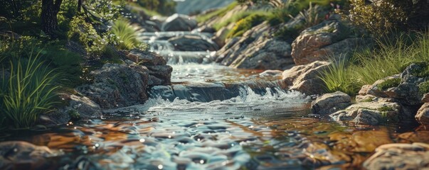 Wall Mural - Clear river flowing through a rocky landscape, 4K hyperrealistic photo