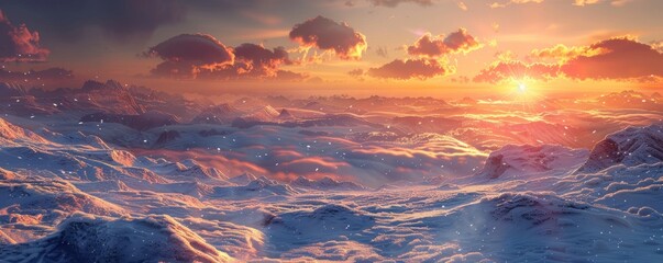 Wall Mural - Brilliant sunrise over a snowy landscape, 4K hyperrealistic photo