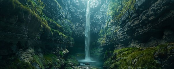 Wall Mural - Vertical waterfall with a narrow stream plunging down a cliff, 4K hyperrealistic photo