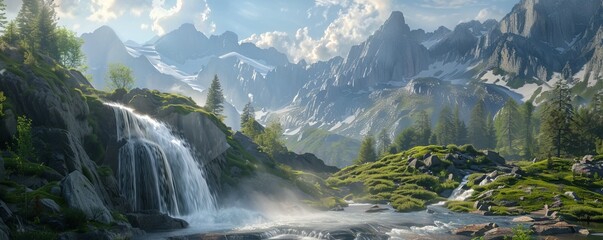 Wall Mural - Remote waterfall flowing through a rugged alpine landscape, 4K hyperrealistic photo