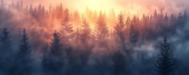 Wall Mural - First light of dawn over a misty forest, 4K hyperrealistic photo