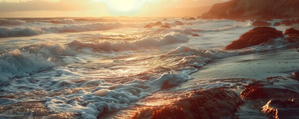 Wall Mural - Sunset over a rocky shoreline with crashing waves, 4K hyperrealistic photo,