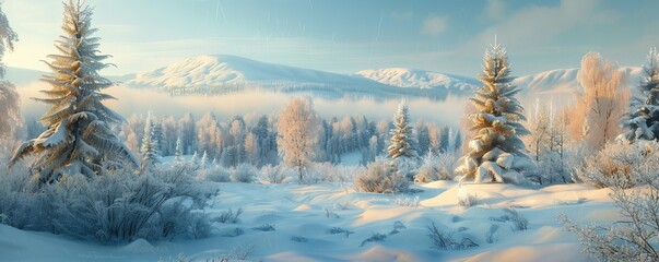 Wall Mural - Winter landscape with snow-covered trees and hills, 4K hyperrealistic photo