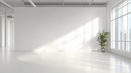 Wall Mural - Bright and spacious interior of a minimalist room with sunlight pouring through large windows and a single plant in a corner