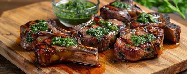 Grilled lamb chops with mint sauce, 4K hyperrealistic photo