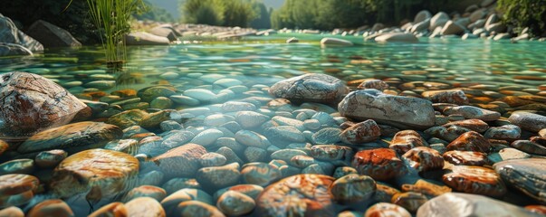 Wall Mural - Clear river with a stony riverbed, 4K hyperrealistic photo