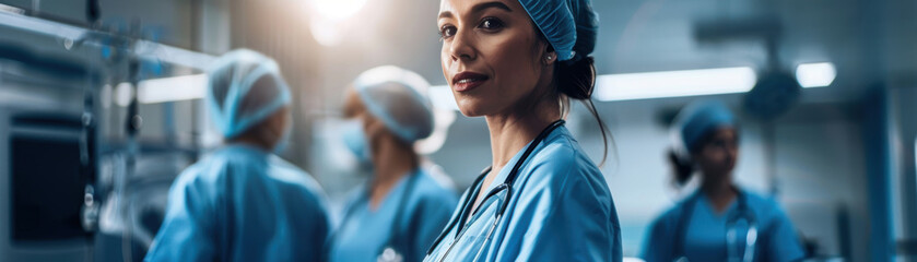 women Doctor wearing a doctor uniform and stethoscope Medical doctor professional healthcare Panorama Super Ultrawide hospital background