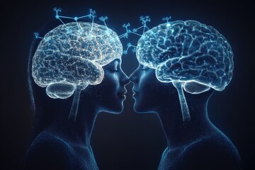 Canvas Print - Multitasking Brain connectivity Digital rendering of two glowing brains connected by neural pathways representing flow of ideas knowledge sharing and intellectual exchange in high tech environment