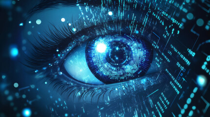 A vector background featuring a digital eye for data network and cyber security technology, representing futuristic cyberspace and internet surveillance with binary code and safety scanning. 