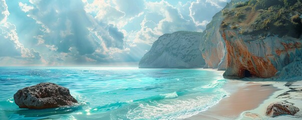 Wall Mural - Sunlit beach with turquoise waters, 4K hyperrealistic photo