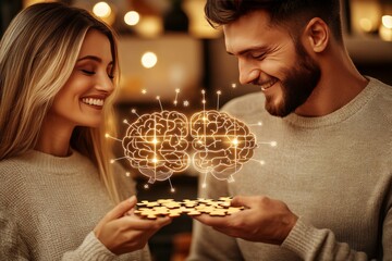 Sticker - Linguistic Neural synchronization Smiling couple holding a glowing neural network symbolizing the joy of shared mental and emotional connection in an intimate warm environment