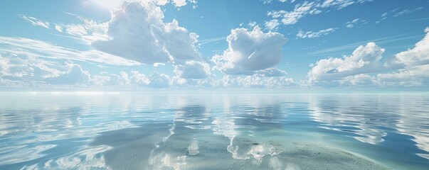 Clear water reflecting the blue sky at a tranquil beach, 4K hyperrealistic photo