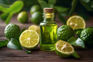 Bottle of bergamot essential oil is standing on a rustic wooden surface surrounded by fresh bergamot fruits and leaves