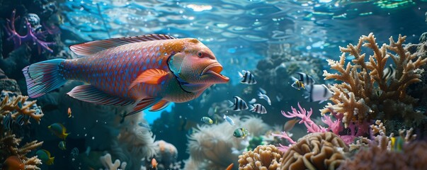 Parrotfish feeding on coral with powerful jaws, 4K hyperrealistic photo