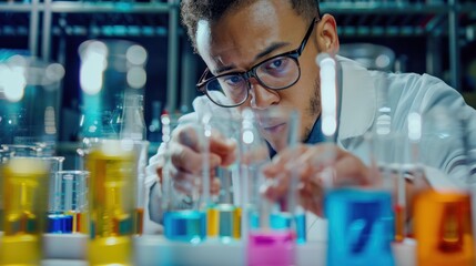 a chemist in a lab coat, examining test tubes and mixing solutions in a modern laboratory.