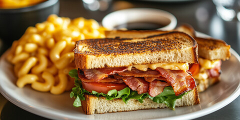 Wall Mural - A plate of bacon, lettuce, and tomato sandwiches with a side of macaroni and cheese on the table in a cafe. Close-up view of BLT sandwiches