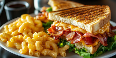 Wall Mural - A plate of bacon, lettuce, and tomato sandwiches with a side of macaroni and cheese on the table in a cafe. Close-up view of BLT sandwiches